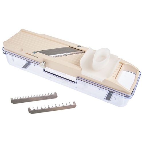 Benriner Veg Slicer 64mm Thickness 0.3mm 5mm Interchange Blades and Catch Box Ivory
